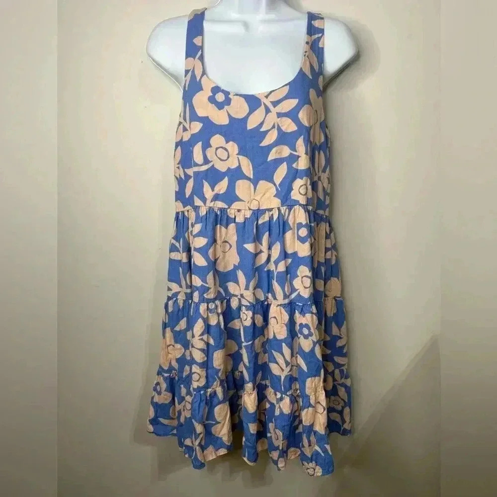 Mister Zimi Blue and Peach Floral Print Tiered Dress Size 4